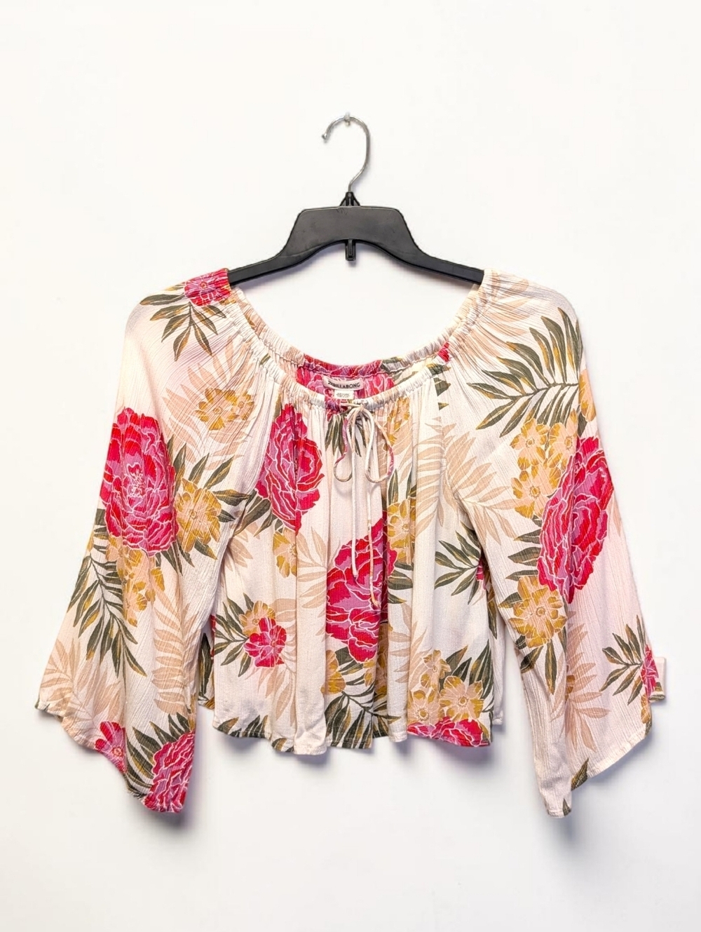Billabong Floral Off Shoulder Peasant Top Boho Beachy Cropped Blouse Size L